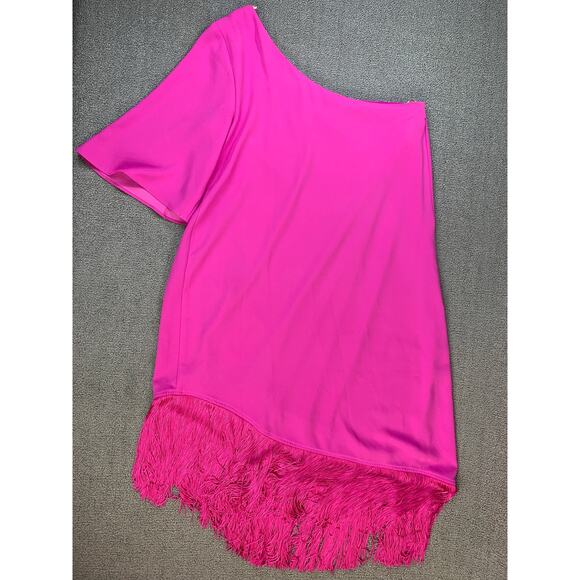 Trina Turk Gull Dress One Shoulder Mini Fringe Pink Snap Dragon Size Large - Picture 7 of 11